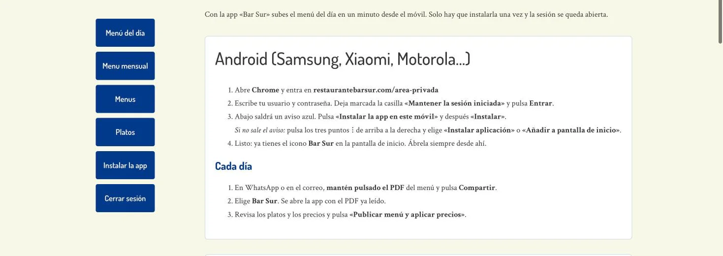 Restaurante Bar Sur — Una app sin tiendas de aplicaciones