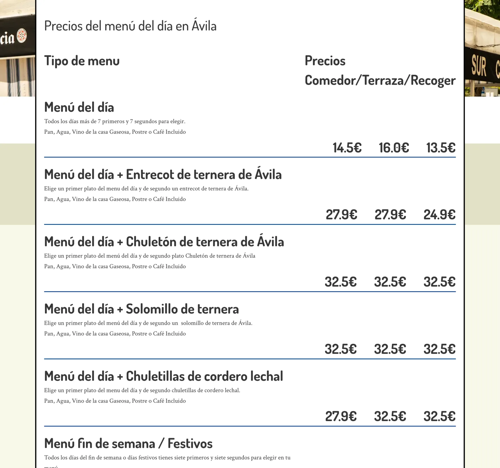 Restaurante Bar Sur — Precios coherentes en toda la web