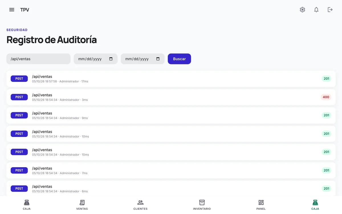 TPV — Terminal Punto de Venta para PyMEs — Audit log de todo lo que cambia