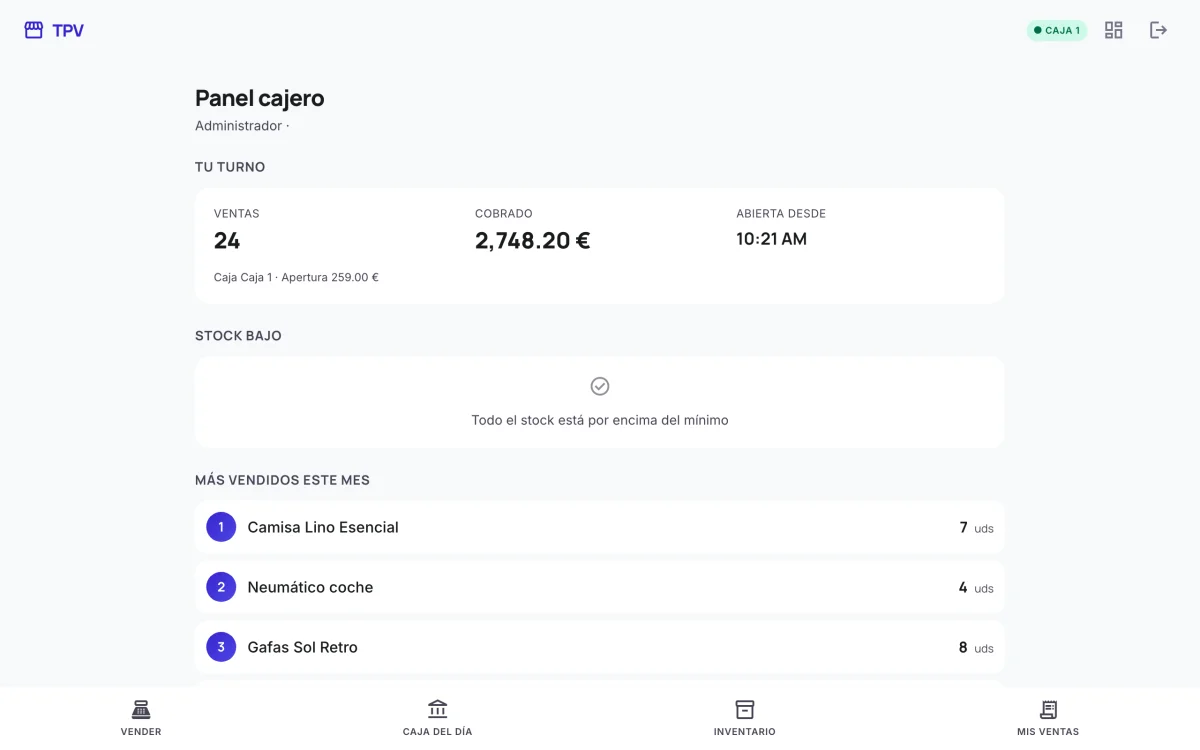 TPV — Terminal Punto de Venta para PyMEs — Panel del cajero