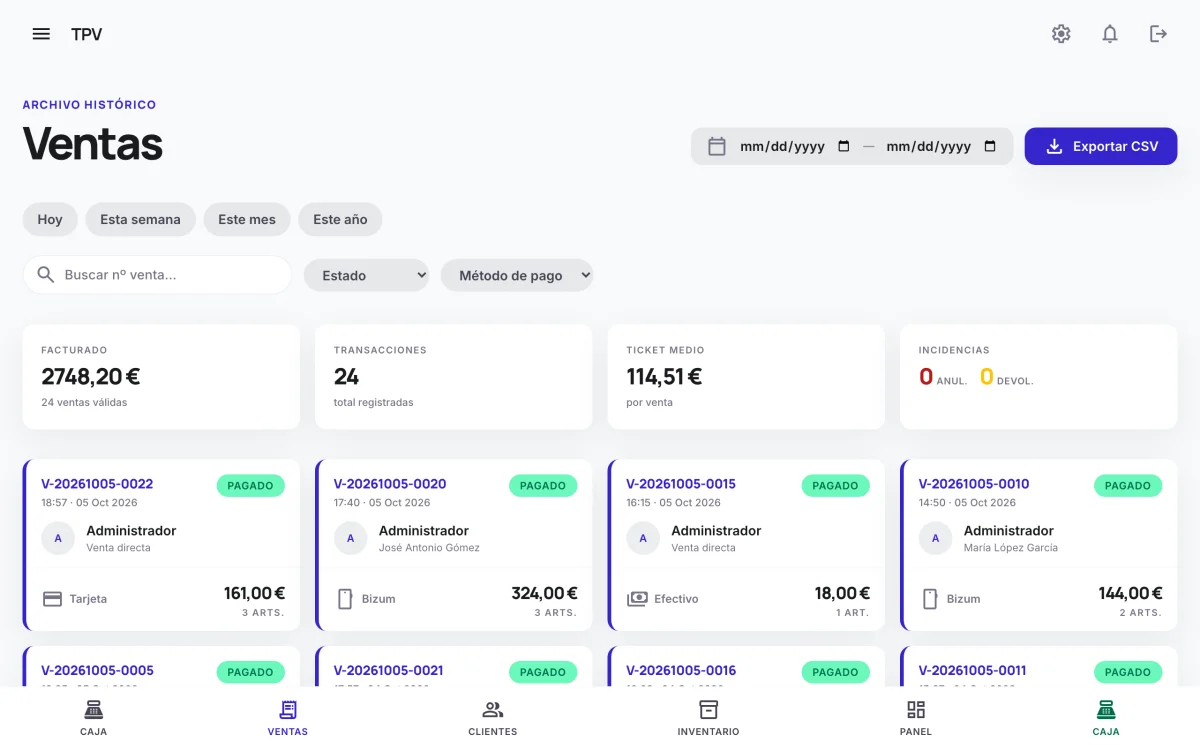 TPV — Terminal Punto de Venta para PyMEs — Historial de ventas con auditoría