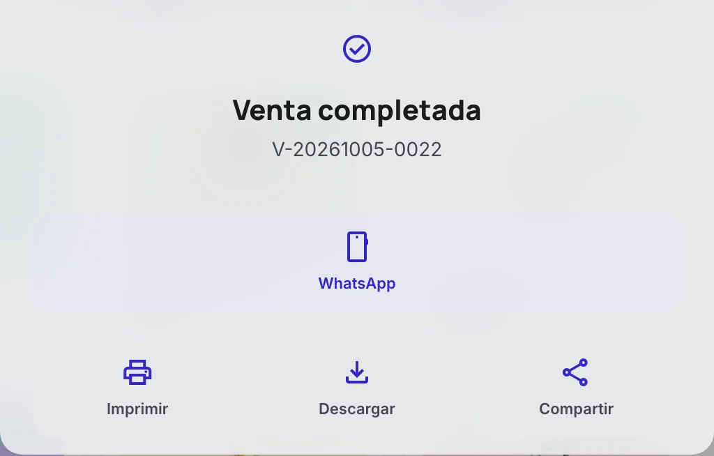 TPV — Terminal Punto de Venta para PyMEs — Ticket por WhatsApp desde la pantalla de éxito